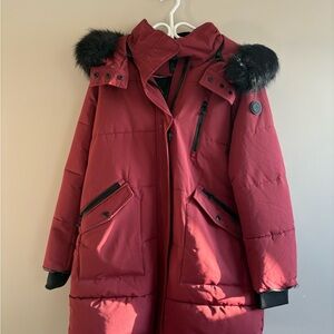 Noize Burgundy Puffer Jacket with Black Faux Fur